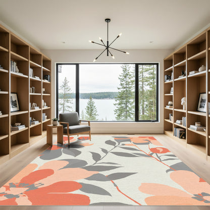 Coral Gray Blossom Meadow Arrangement Rug