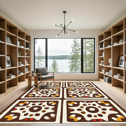 Brown White Orange Starburst Square Repeating Rug