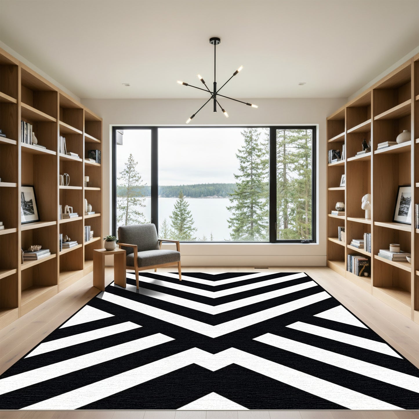 Abstract Black White Chevron Geometric Rug