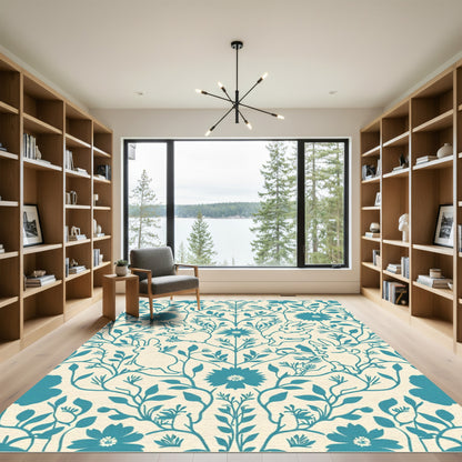 Coastal Blue Whimsical Bunny Floral Rug