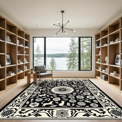 Black and Cream Whimsical Cat Garden Rug