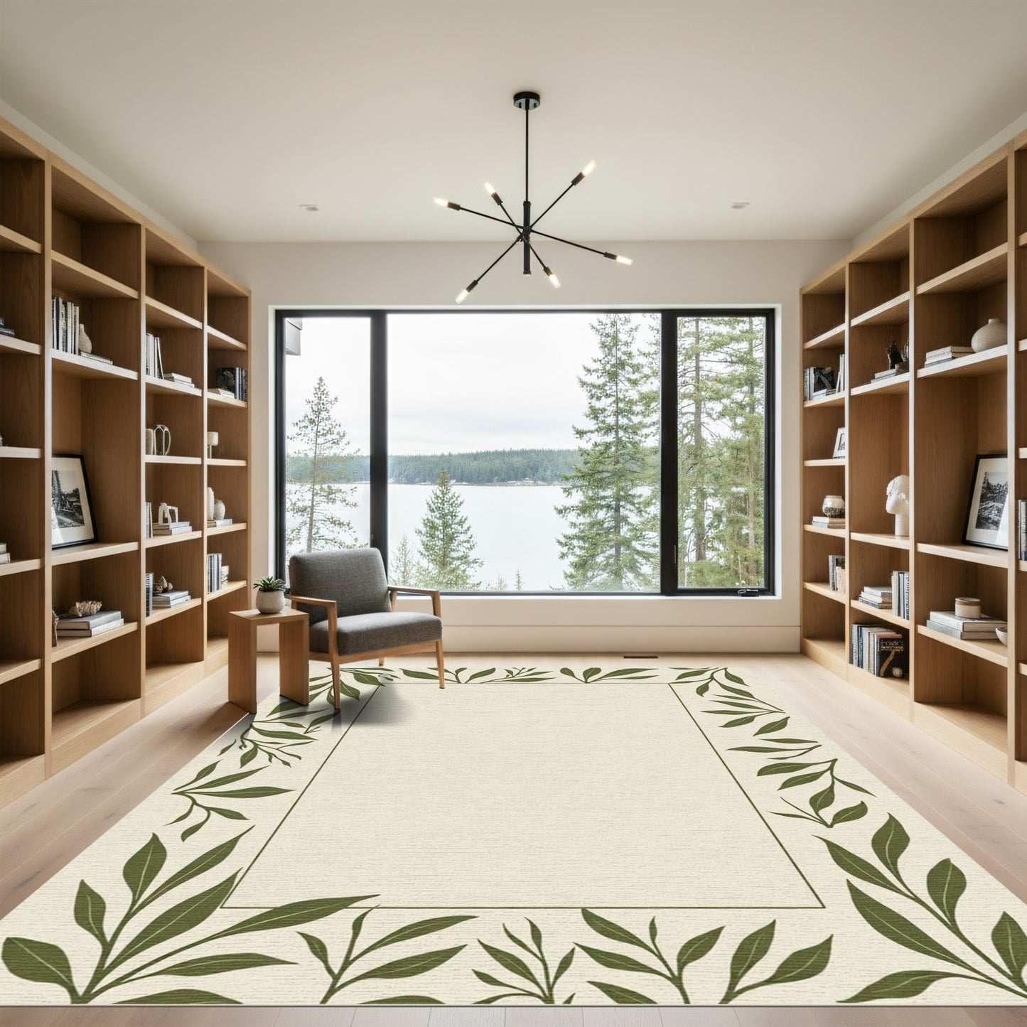 Olive Green Leafy Vine Border Rug