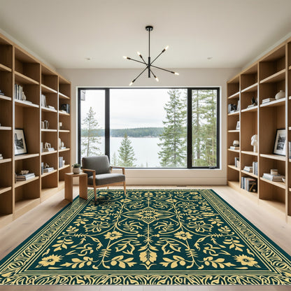 Regal Deep Teal Floral Scroll Rug