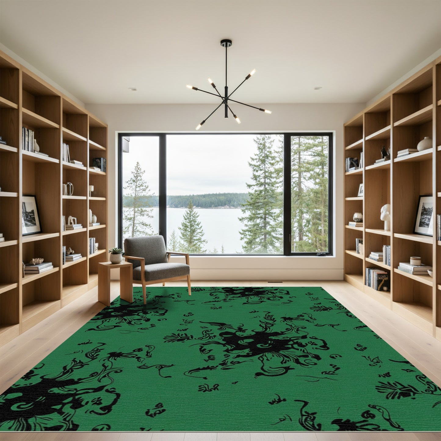 Deep Emerald Abstract Swirl Floral Rug