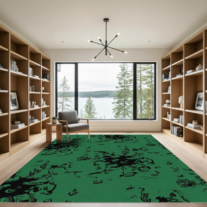 Deep Emerald Abstract Swirl Floral Rug