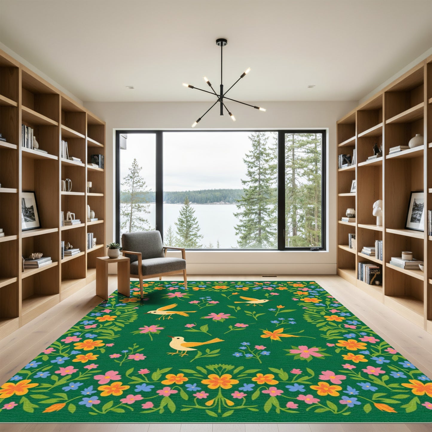 Whimsical Birds Floral Border Rug
