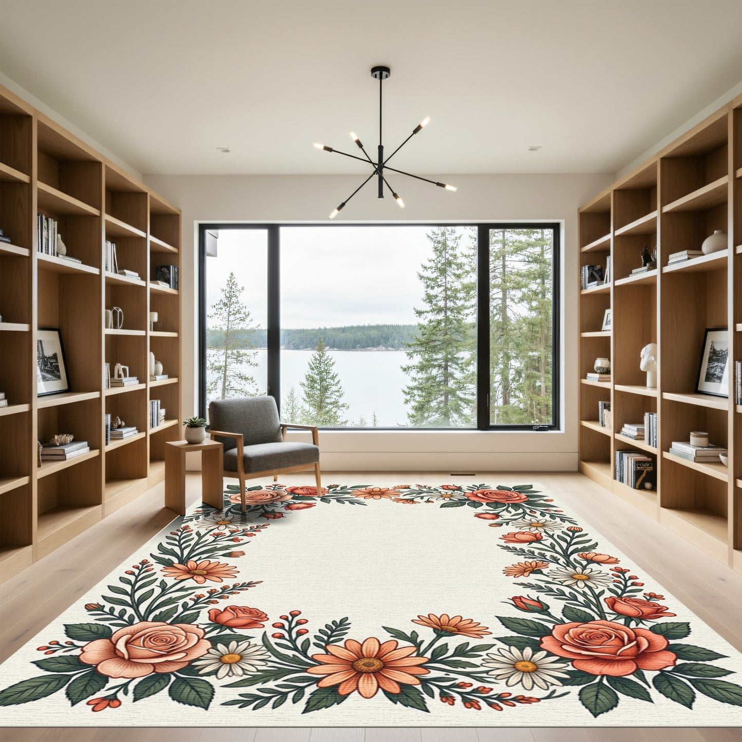 Coral Rose Daisy Vine Border Rug
