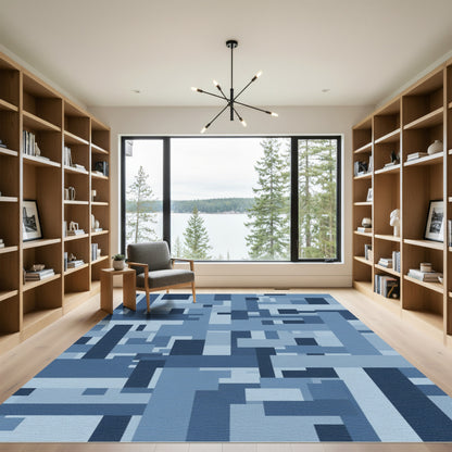 Deep Blues Geometric Interlocking Blocks Rug