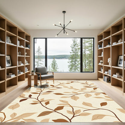 Brown Vine Leaf Cream Background Rug