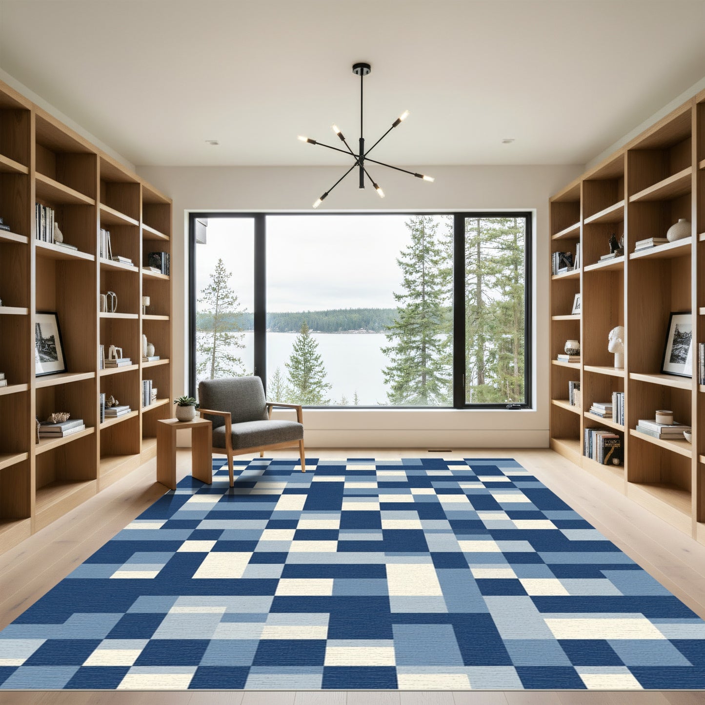 Blue Cream Abstract Square Geometric Rug