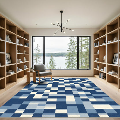 Blue Cream Abstract Square Geometric Rug