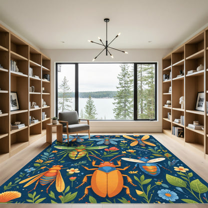 Whimsical Insect Garden Collection Blue Rug