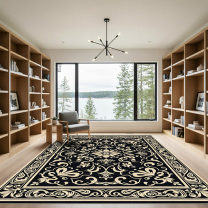 Black Ivory Floral Medallion Scroll Rug