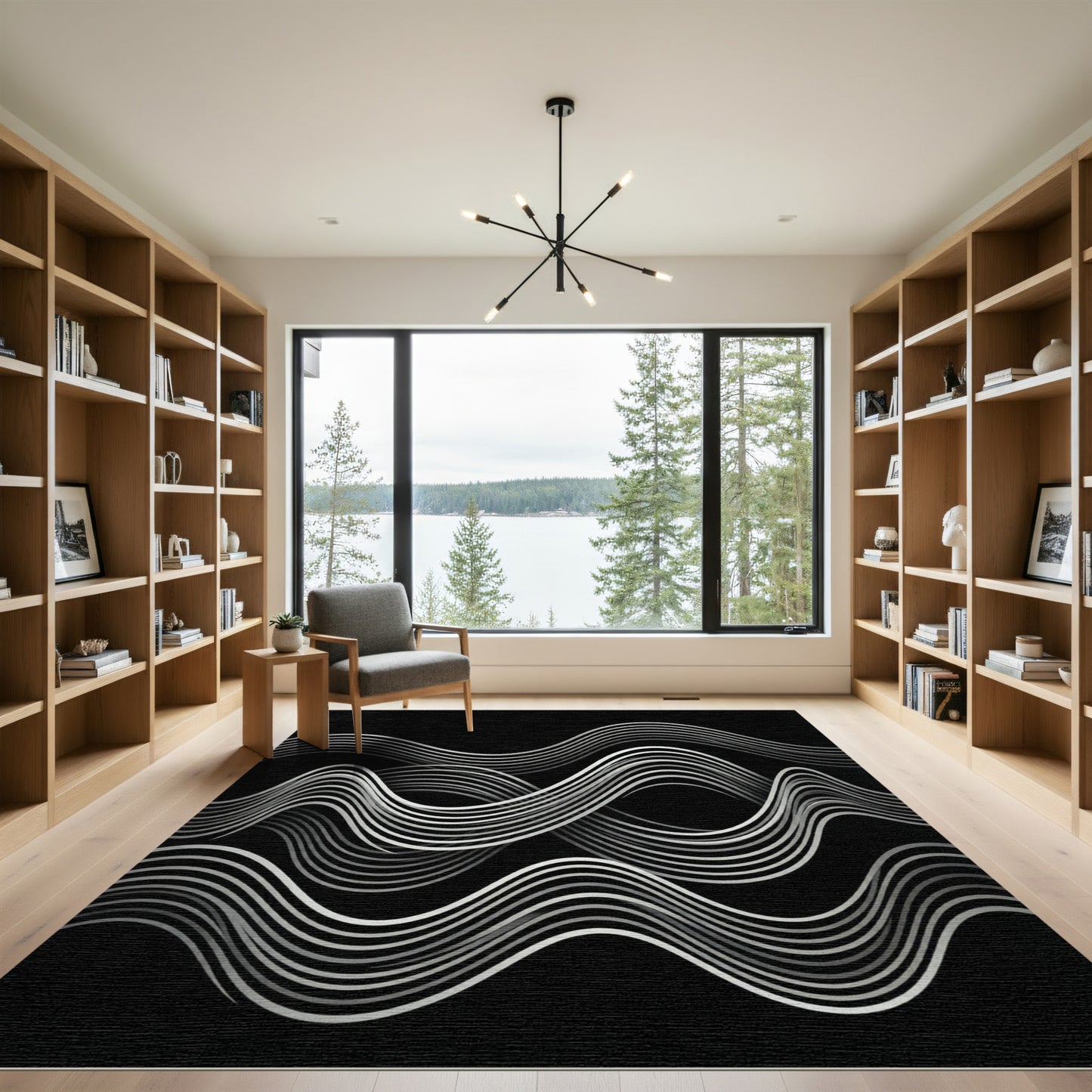 Monochrome Waves Contemporary Line Art Rug