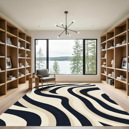 Bold Black Cream Swirl Rug