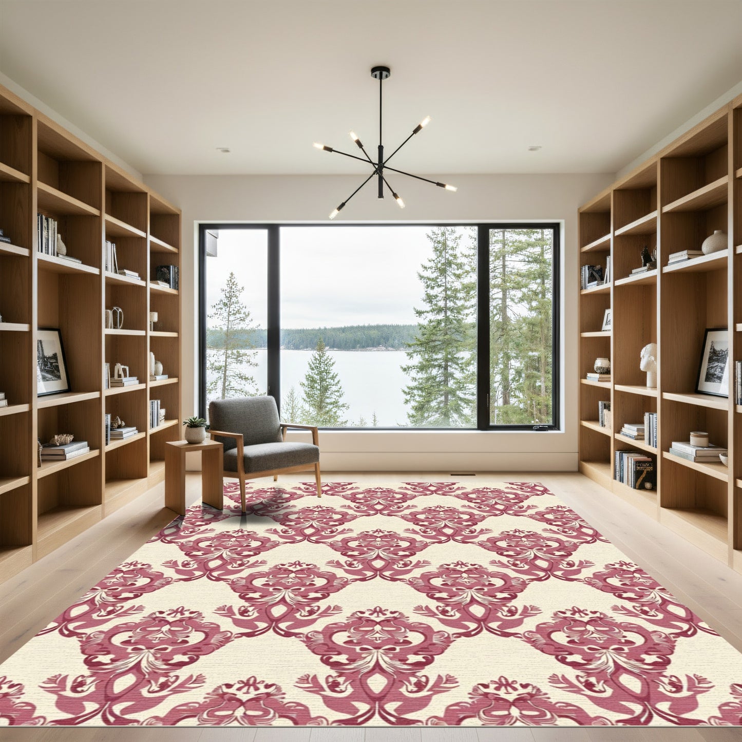 Crimson Red Classic Damask Overlay Rug