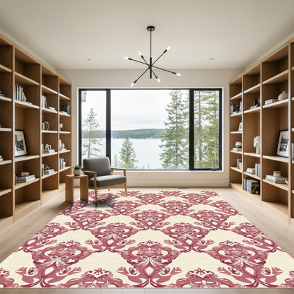 Crimson Red Classic Damask Overlay Rug