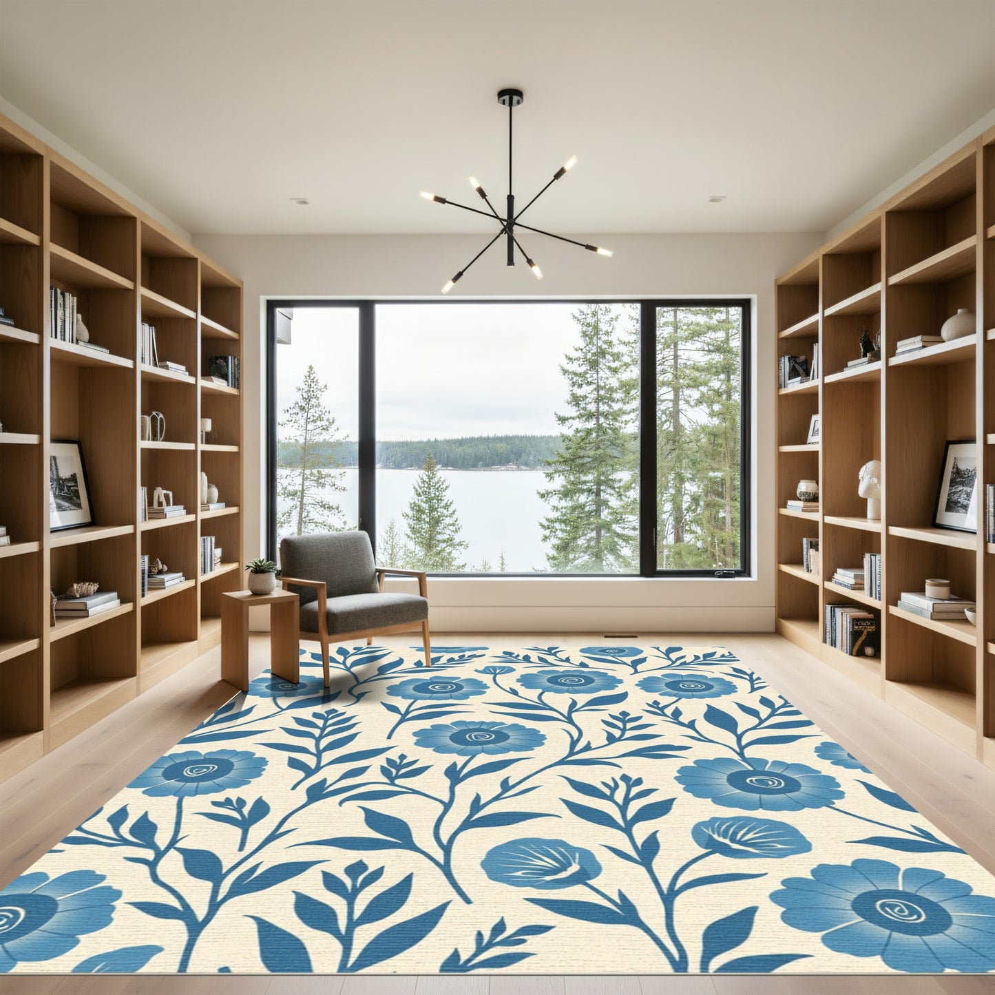 Inky Blue Blossom Botanical Arrangement Rug