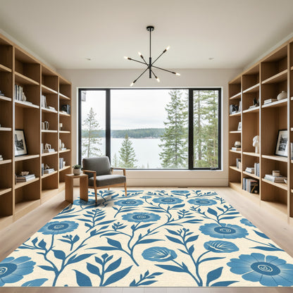 Inky Blue Blossom Botanical Arrangement Rug
