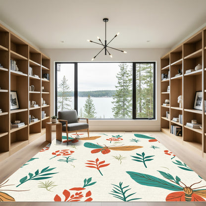 Orange Teal Butterfly Floral Garden Rug