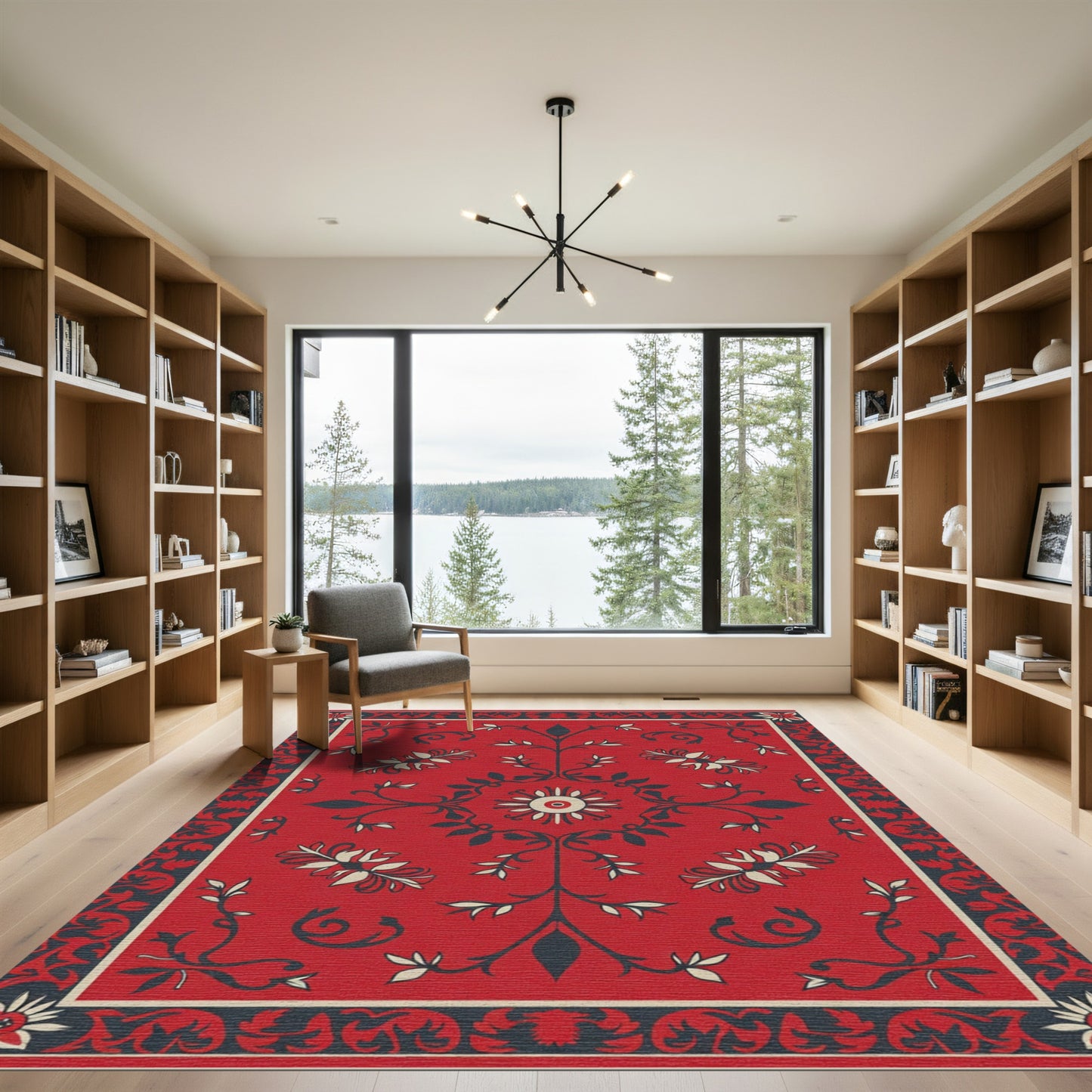 Red Crimson Floral Border Rug