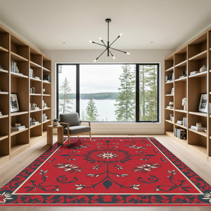 Red Crimson Floral Border Rug
