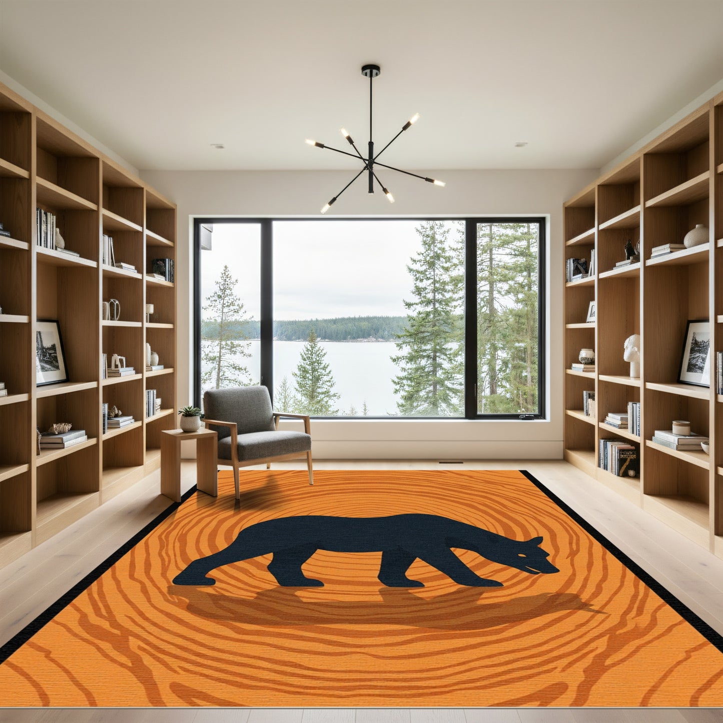 Black bear on orange wood grain Rug