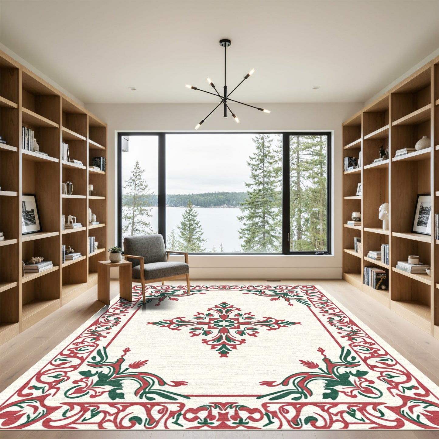 Classic Red Green Floral Mandala Rug