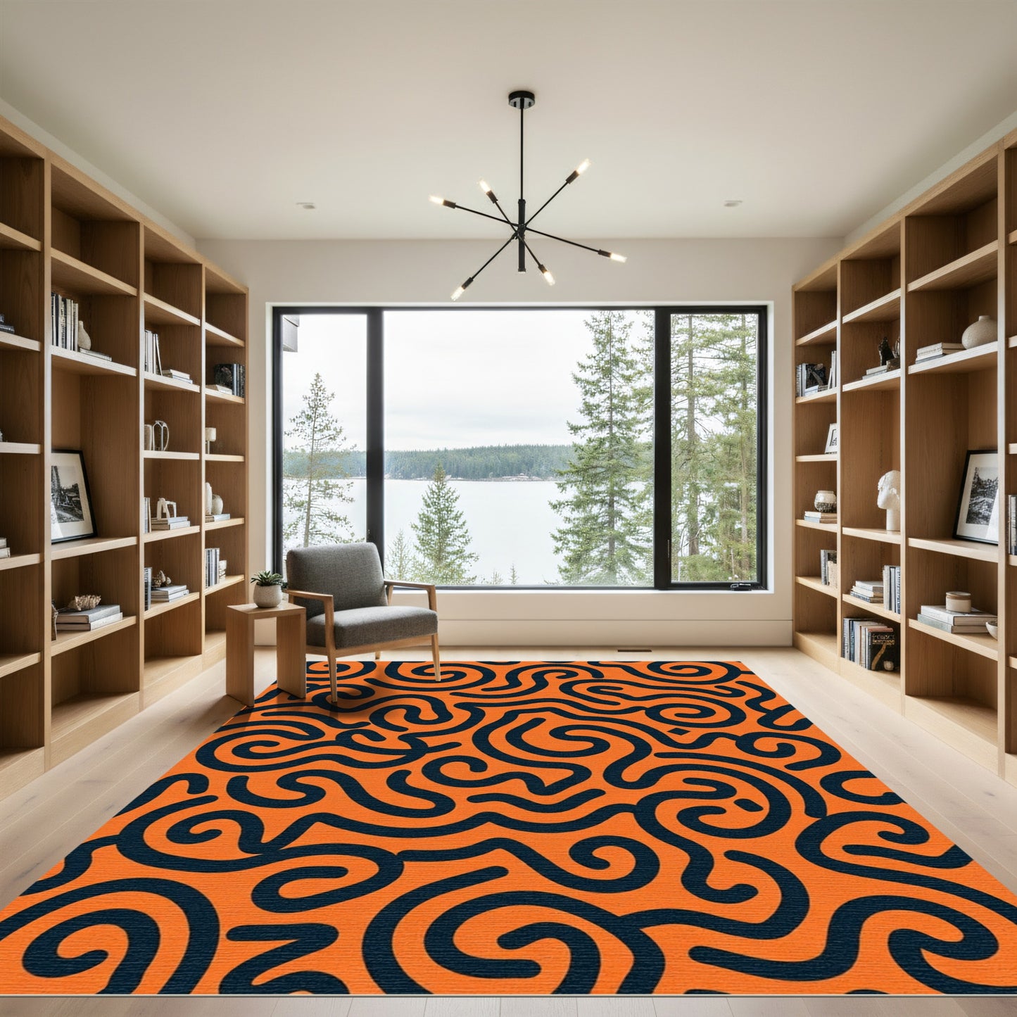 Bold Orange Swirl Line Art Rug