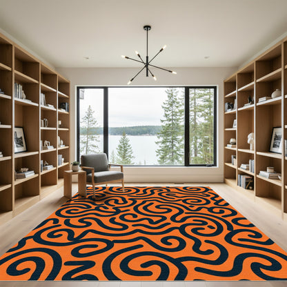 Bold Orange Swirl Line Art Rug