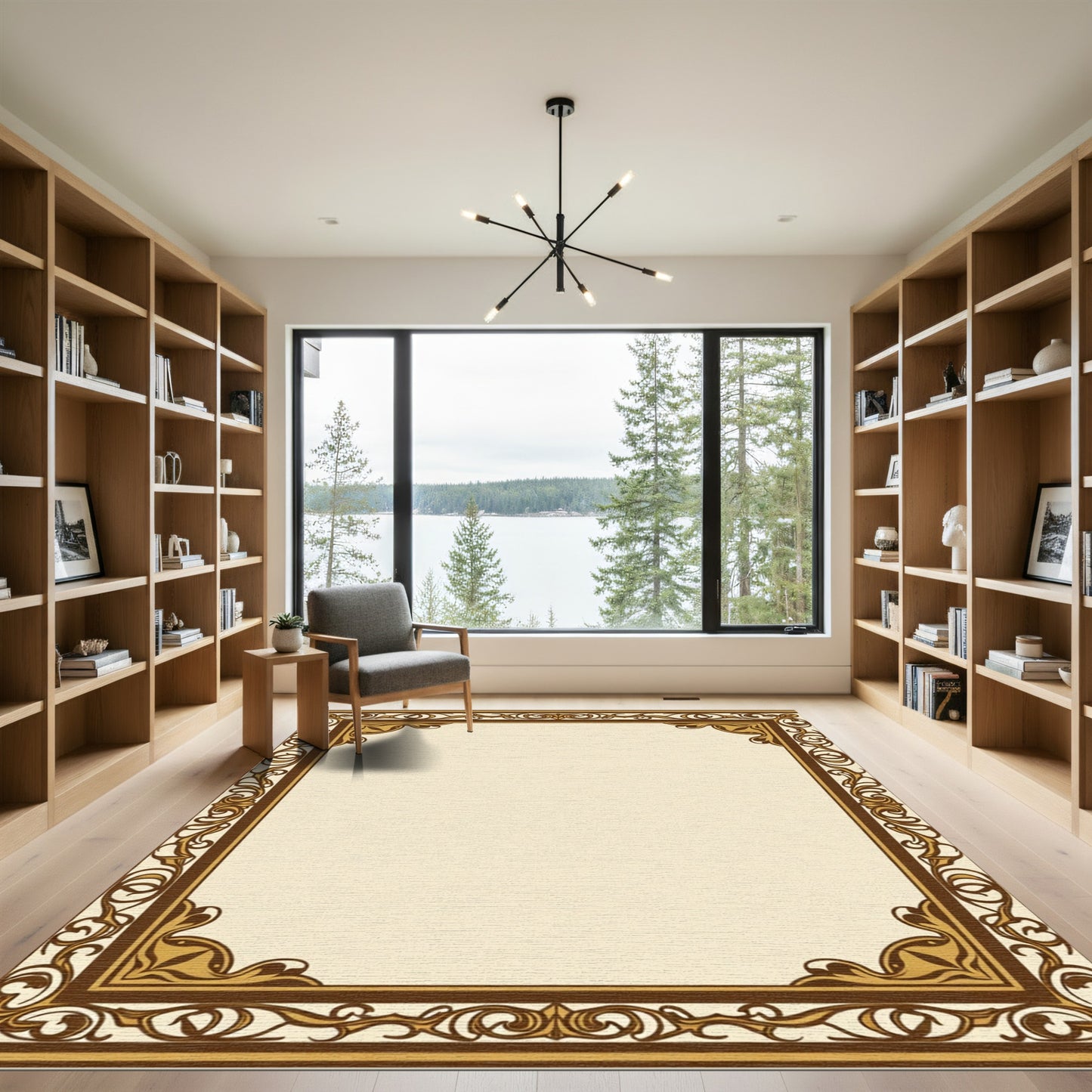 Ornate Brown and Gold Scroll Frame Rug