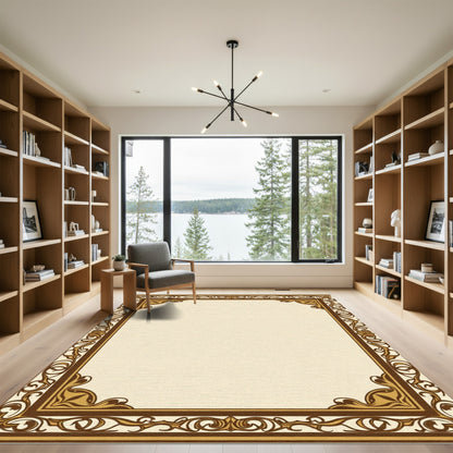 Ornate Brown and Gold Scroll Frame Rug