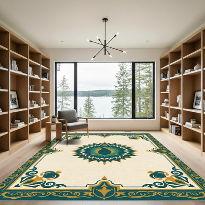 Teal Gold Peacock Sunburst Radiance Rug