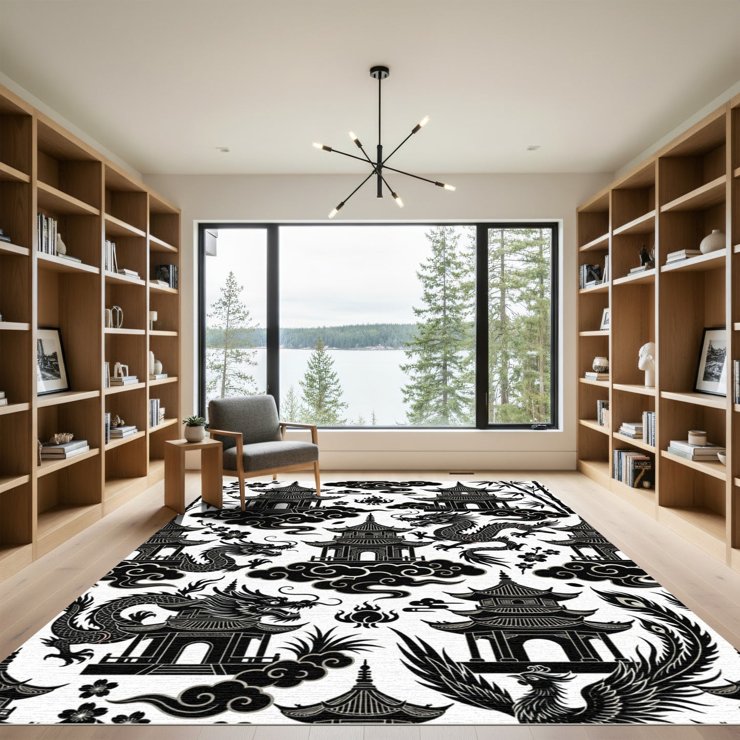 Black Chinese Pagoda Dragon Clouds Rug