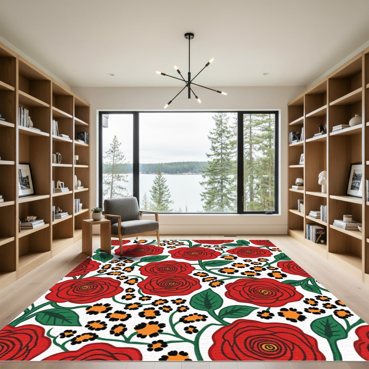 Bold Red Rose Leopard Floral Vines Rug