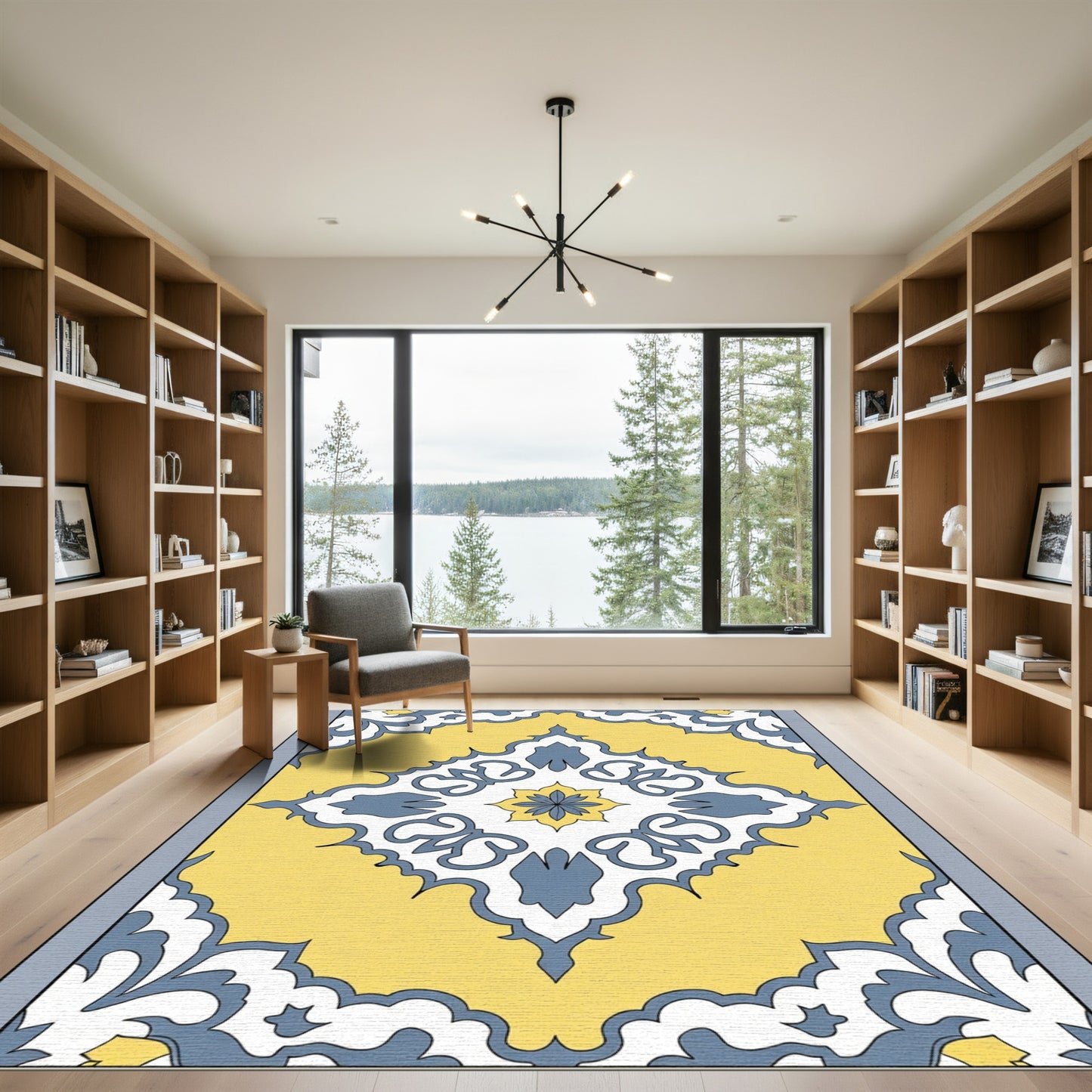 Yellow Blue White Floral Lattice Rug