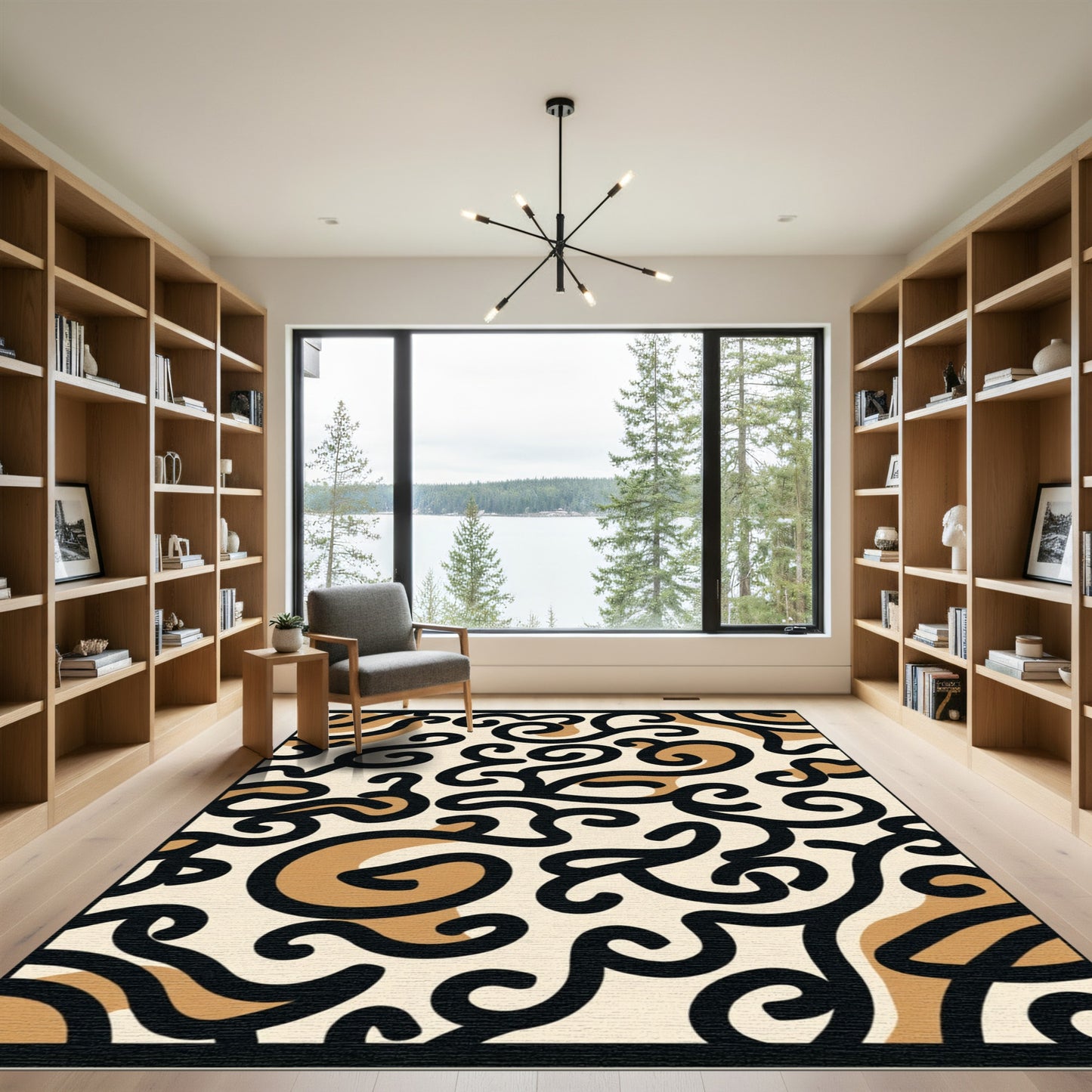 Abstract Swirls Black Tan Cream Rug