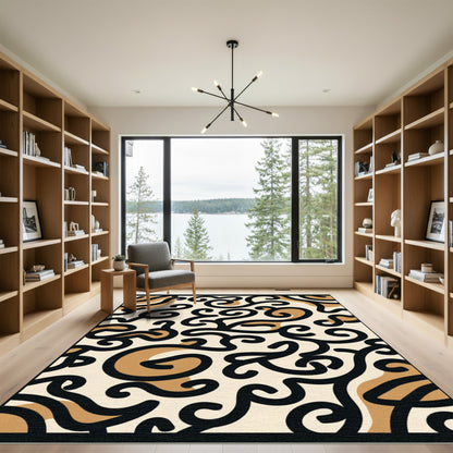 Abstract Swirls Black Tan Cream Rug