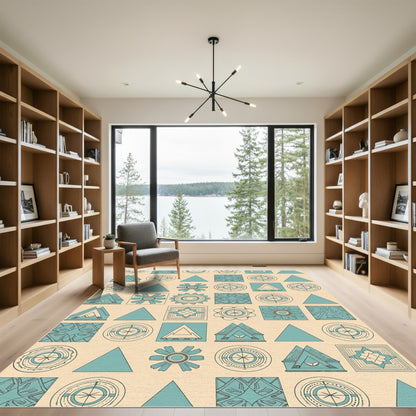 Teal Geometric Abstract Sun Flower Trio Rug