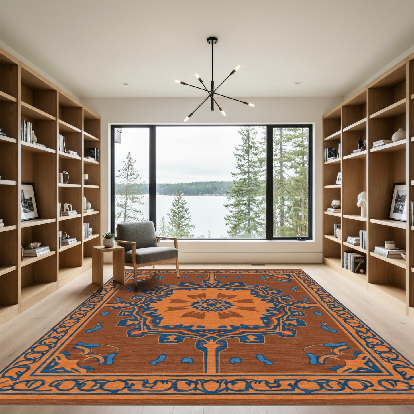 Orange Blue Medallion Bordered Rug