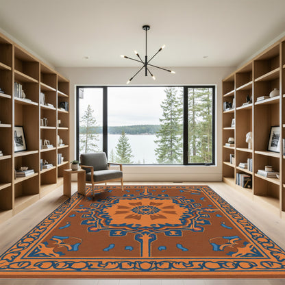 Orange Blue Medallion Bordered Rug