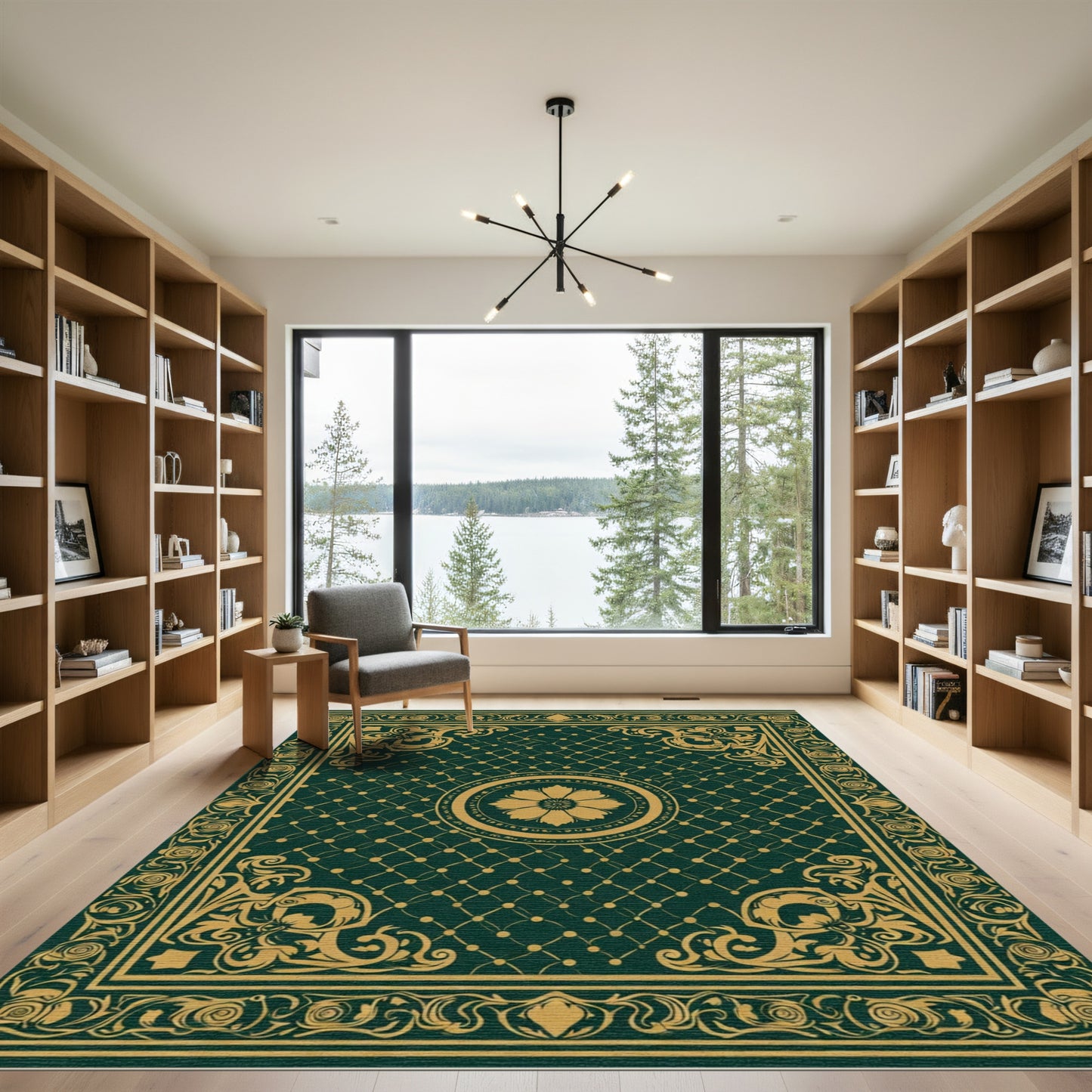 Emerald Green Golden Floral Medallion Rug
