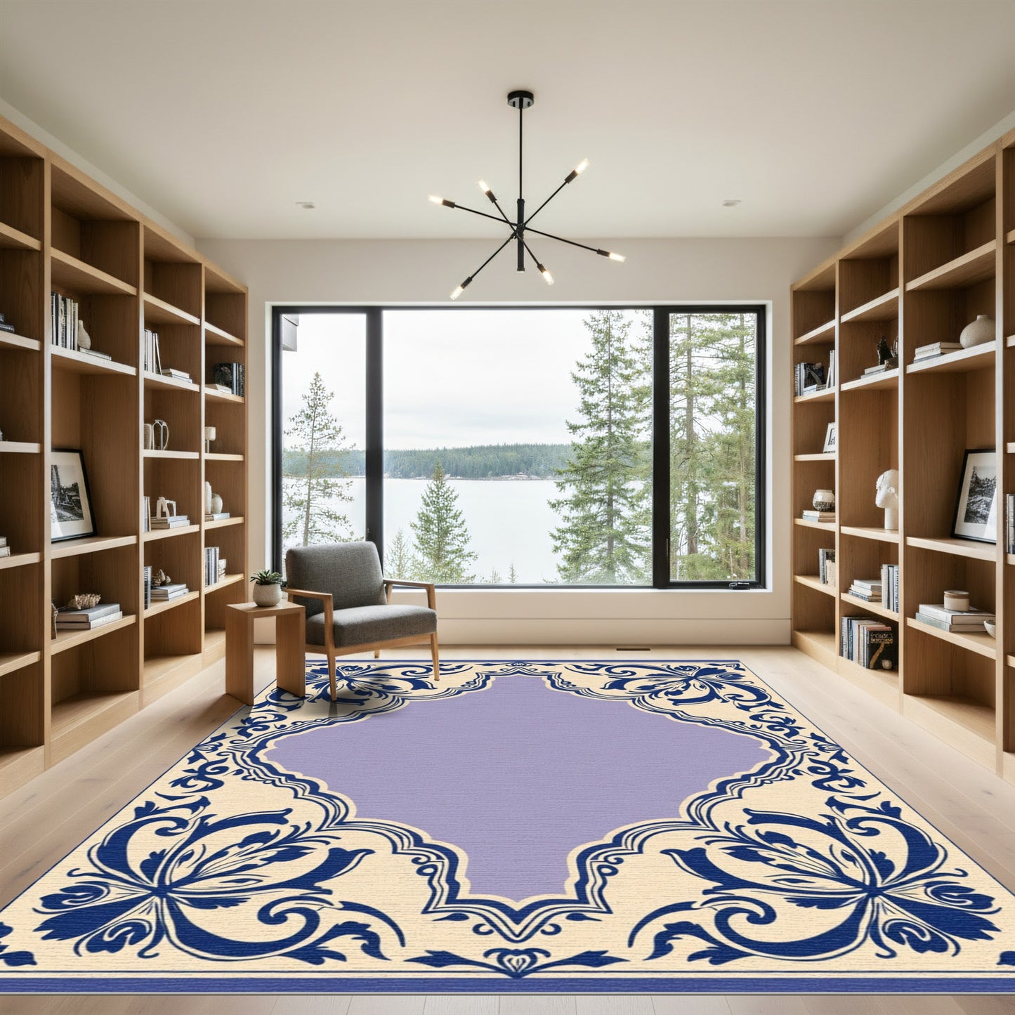 Ornate Blue Floral Cream Medallion Rug