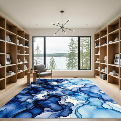 Deep Blue Fluid Alcohol Ink Marble Rug