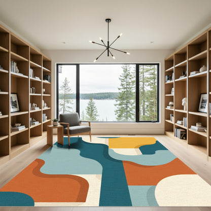 Teal Orange Abstract Mid Century Waves Rug