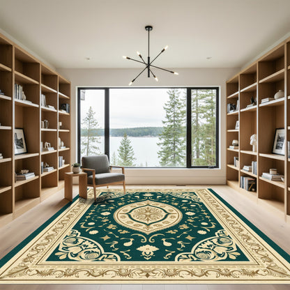 Emerald Gold Floral Ornate Medallion Rug