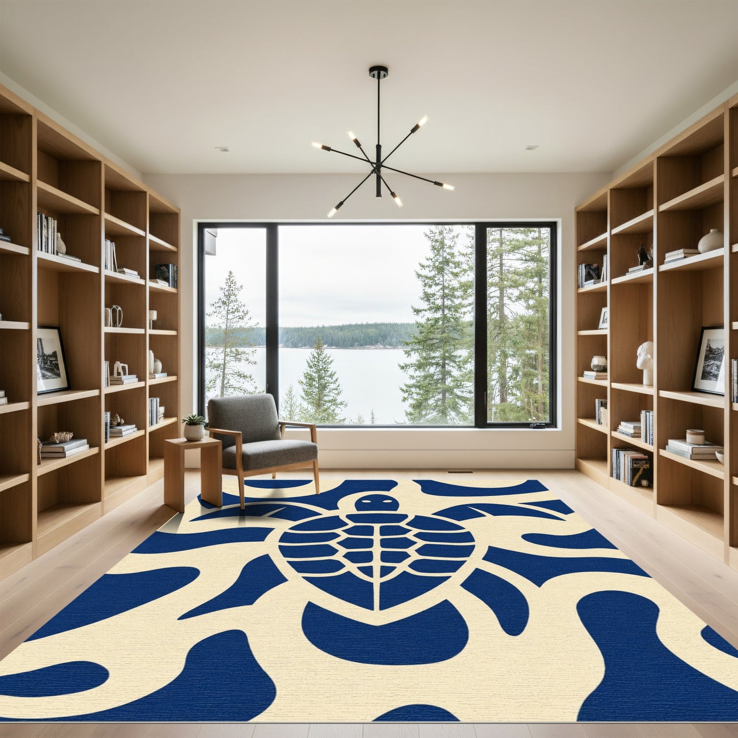 Navy Beige Flowing Turtle Art Rug