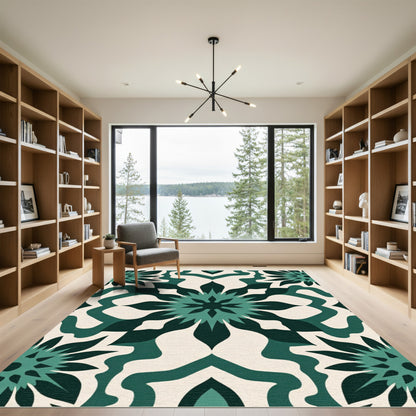 Deep Teal Radial Floral Tile Rug