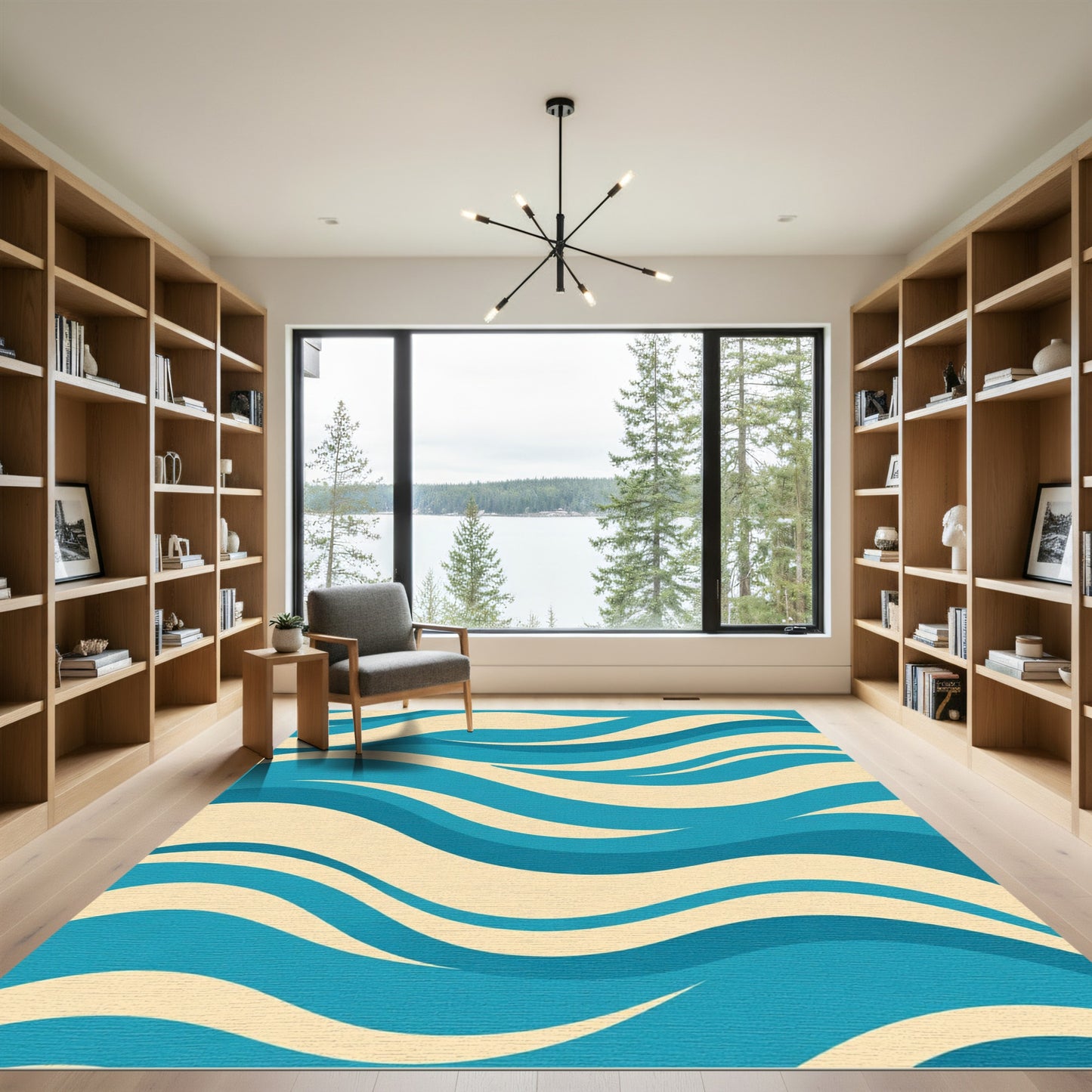 Aqua Cream Abstract Wave Rug