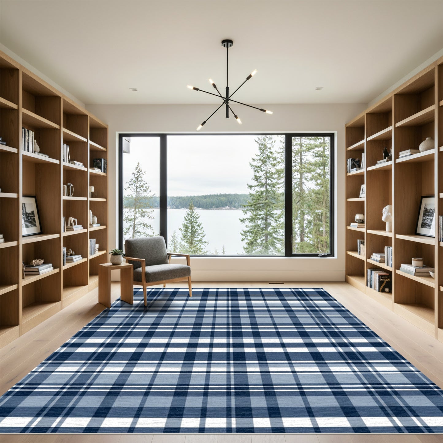 Classic Blue White Plaid Lines Rug